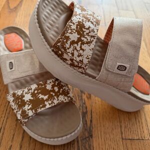 Hey Dude Women's Sandals in Brown and Cream Cow Print